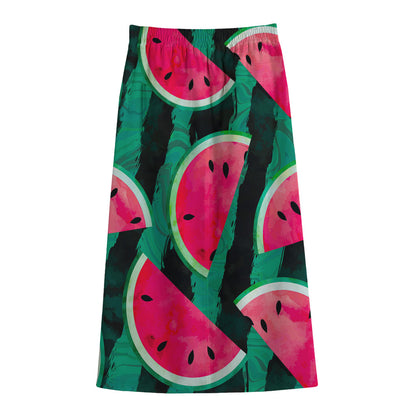 Green Striped Watermelon Pattern Print Cotton Front Slit Maxi Skirt