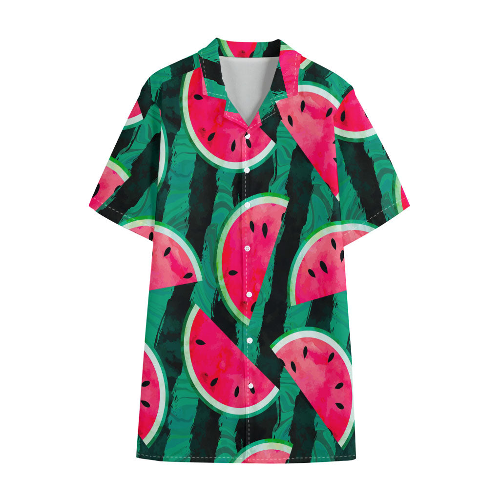 Green Striped Watermelon Pattern Print Cotton Hawaiian Shirt