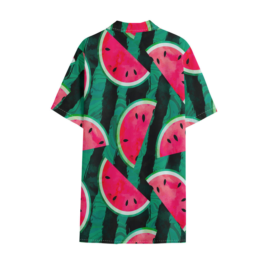 Green Striped Watermelon Pattern Print Cotton Hawaiian Shirt