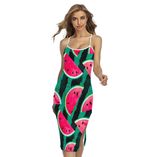 Green Striped Watermelon Pattern Print Cross Back Cami Dress