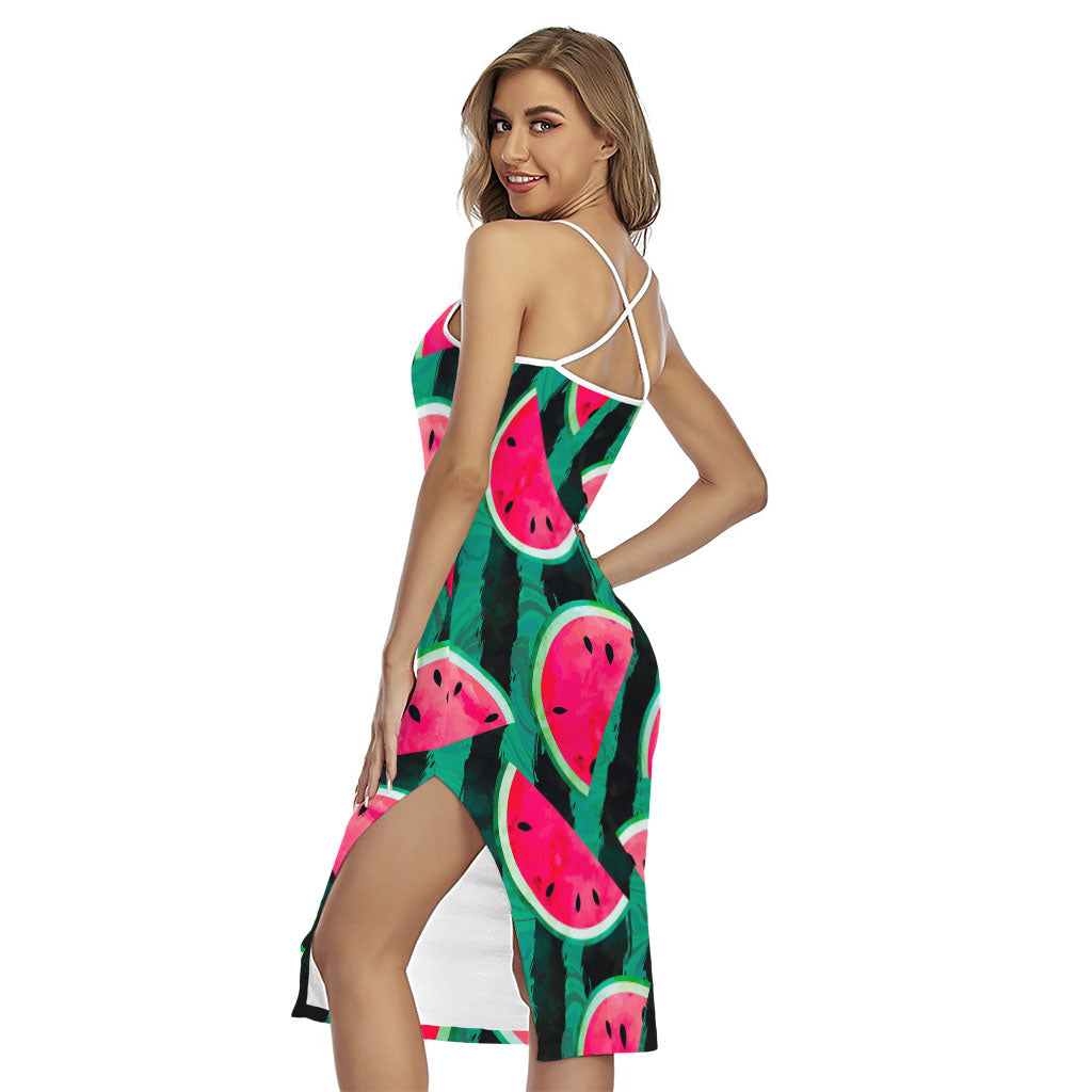 Green Striped Watermelon Pattern Print Cross Back Cami Dress