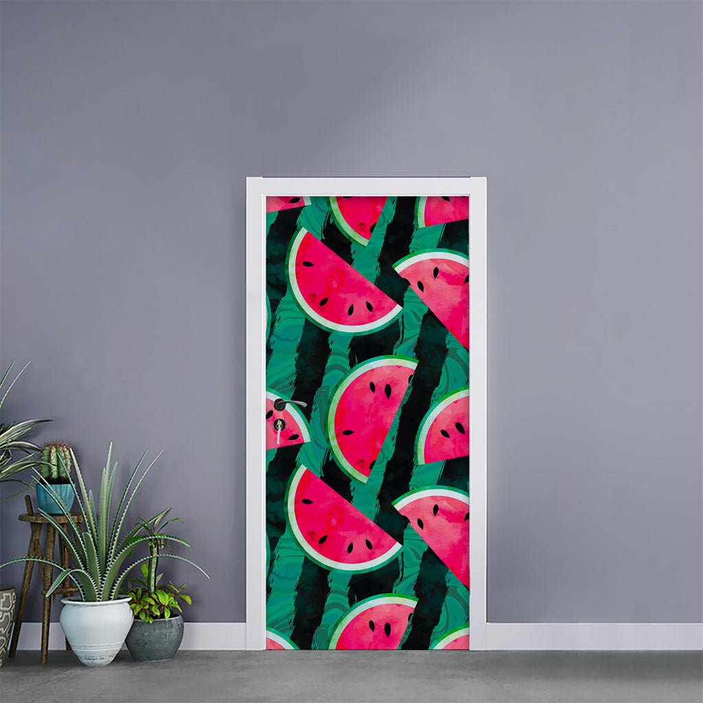 Green Striped Watermelon Pattern Print Door Sticker