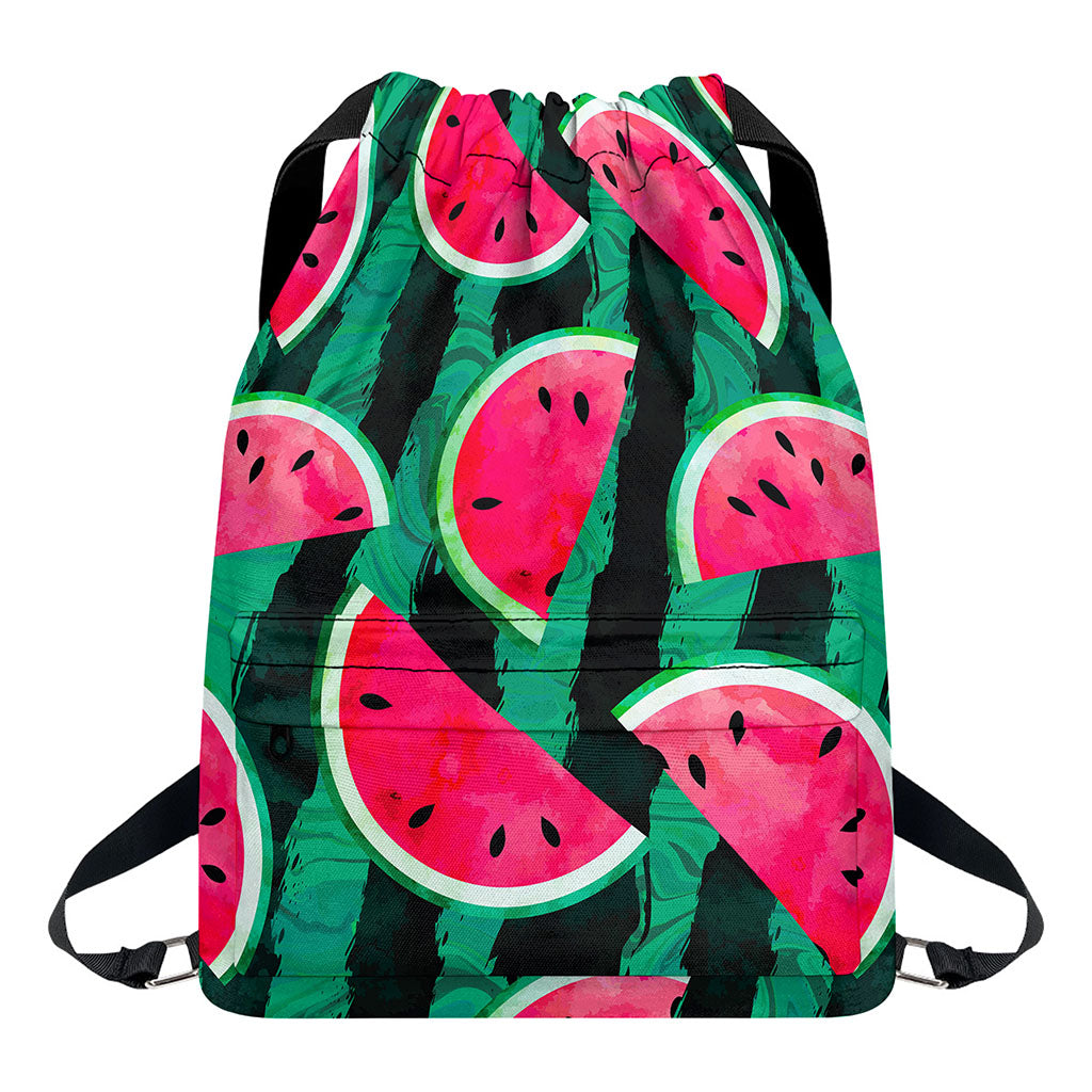 Green Striped Watermelon Pattern Print Drawstring Backpack