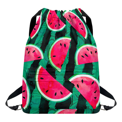 Green Striped Watermelon Pattern Print Drawstring Backpack