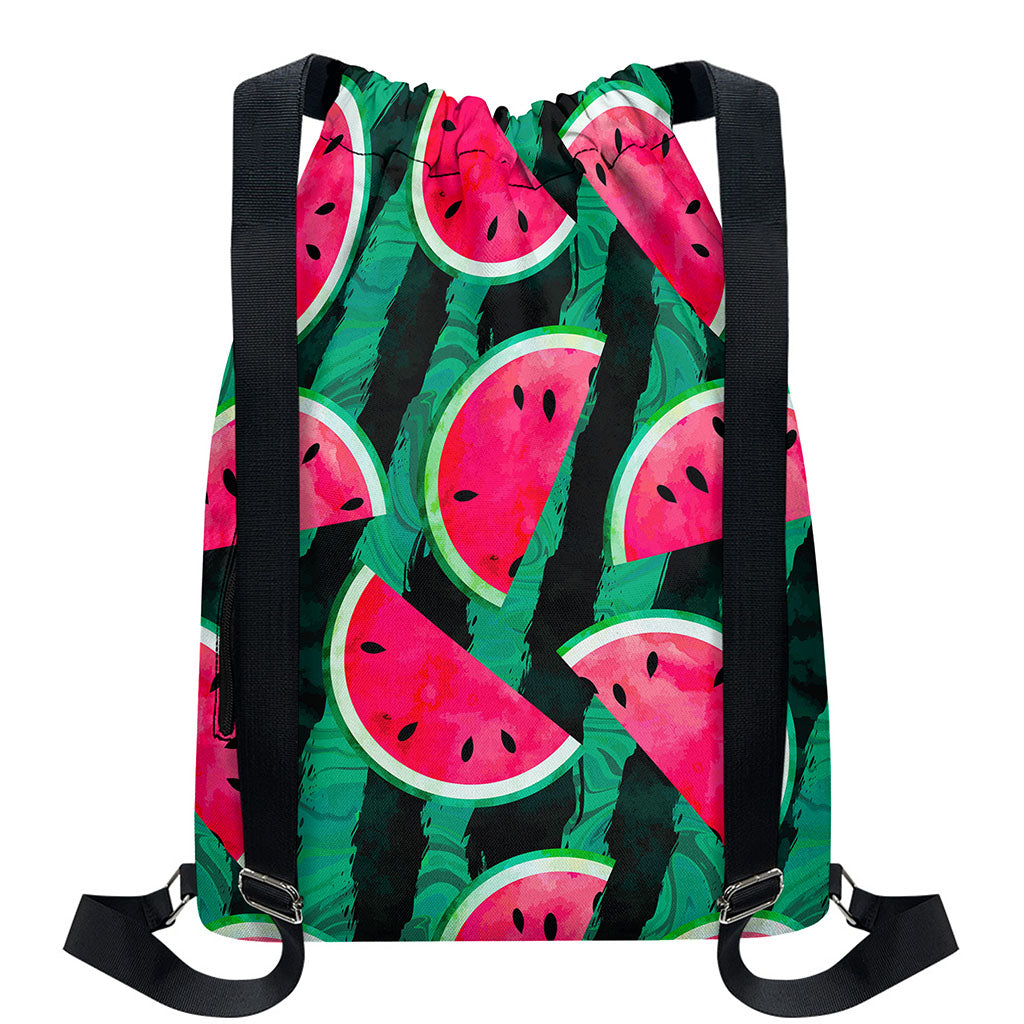Green Striped Watermelon Pattern Print Drawstring Backpack