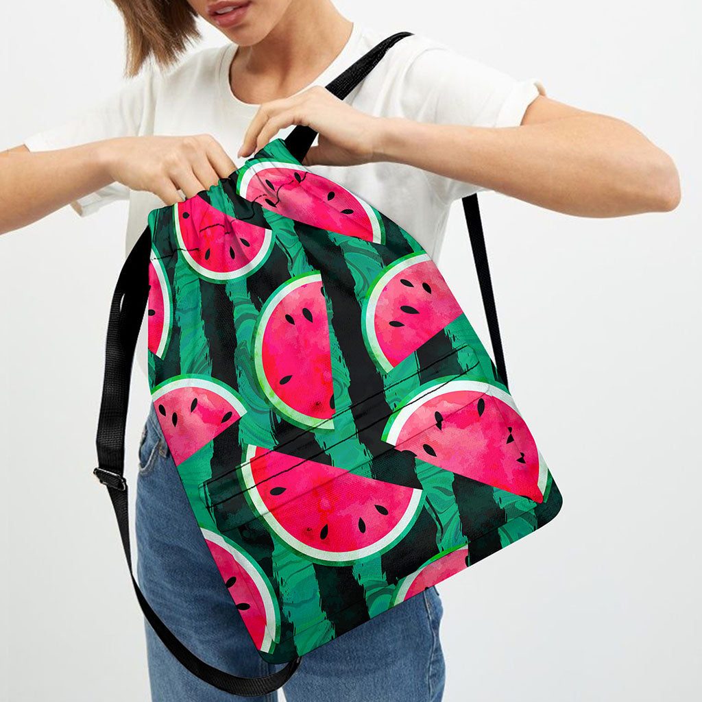 Green Striped Watermelon Pattern Print Drawstring Backpack