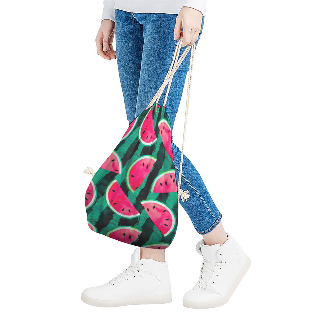 Green Striped Watermelon Pattern Print Drawstring Bag
