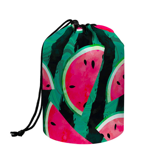 Green Striped Watermelon Pattern Print Drawstring Makeup Bag