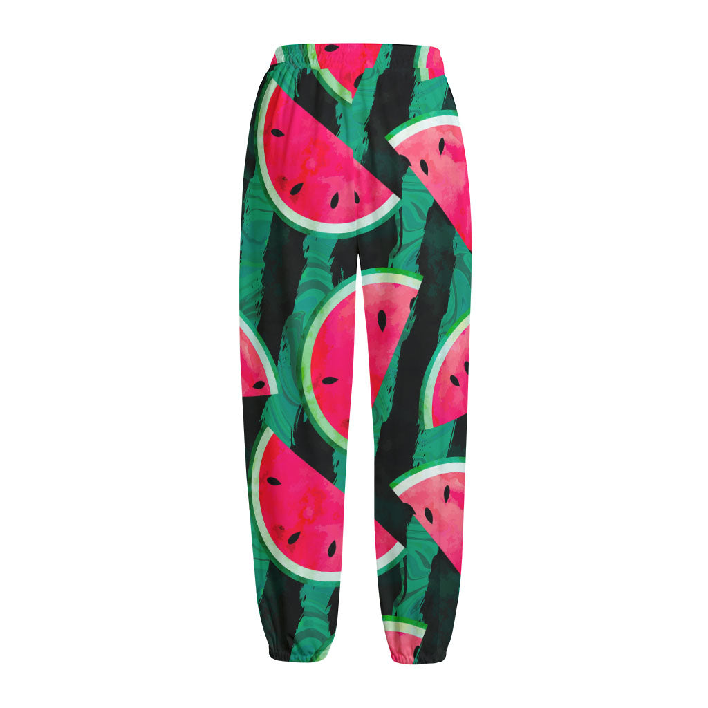 Green Striped Watermelon Pattern Print Fleece Lined Knit Pants