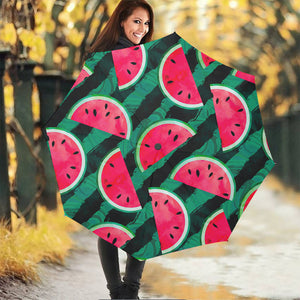 Green Striped Watermelon Pattern Print Foldable Umbrella