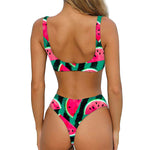 Green Striped Watermelon Pattern Print Front Bow Tie Bikini