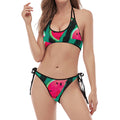 Green Striped Watermelon Pattern Print Halter Scoop Tie Side Bikini