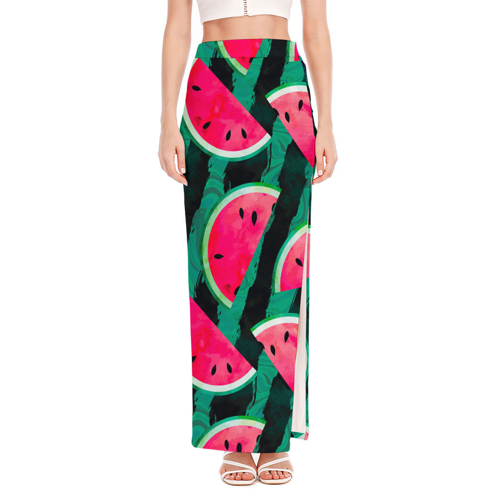 Green Striped Watermelon Pattern Print High Slit Maxi Skirt