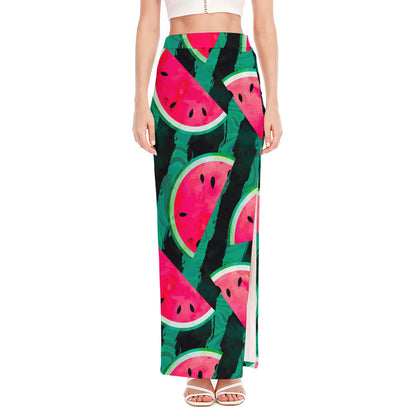 Green Striped Watermelon Pattern Print High Slit Maxi Skirt