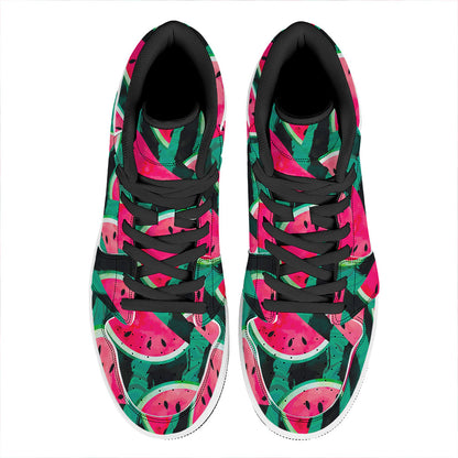 Green Striped Watermelon Pattern Print High Top Leather Sneakers