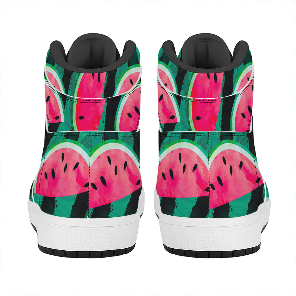Green Striped Watermelon Pattern Print High Top Leather Sneakers