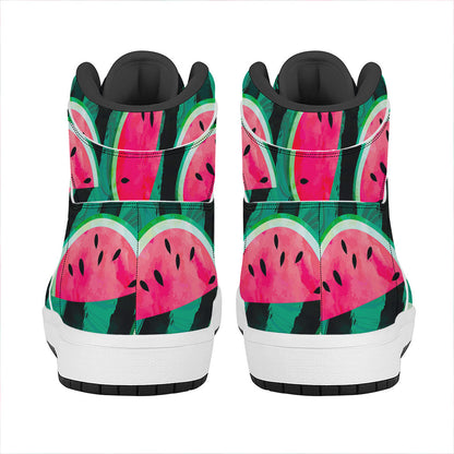 Green Striped Watermelon Pattern Print High Top Leather Sneakers