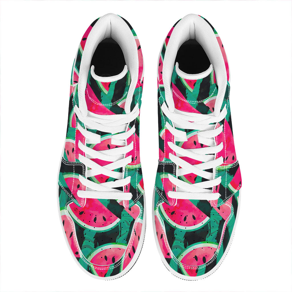 Green Striped Watermelon Pattern Print High Top Leather Sneakers