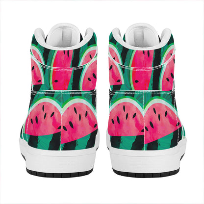 Green Striped Watermelon Pattern Print High Top Leather Sneakers