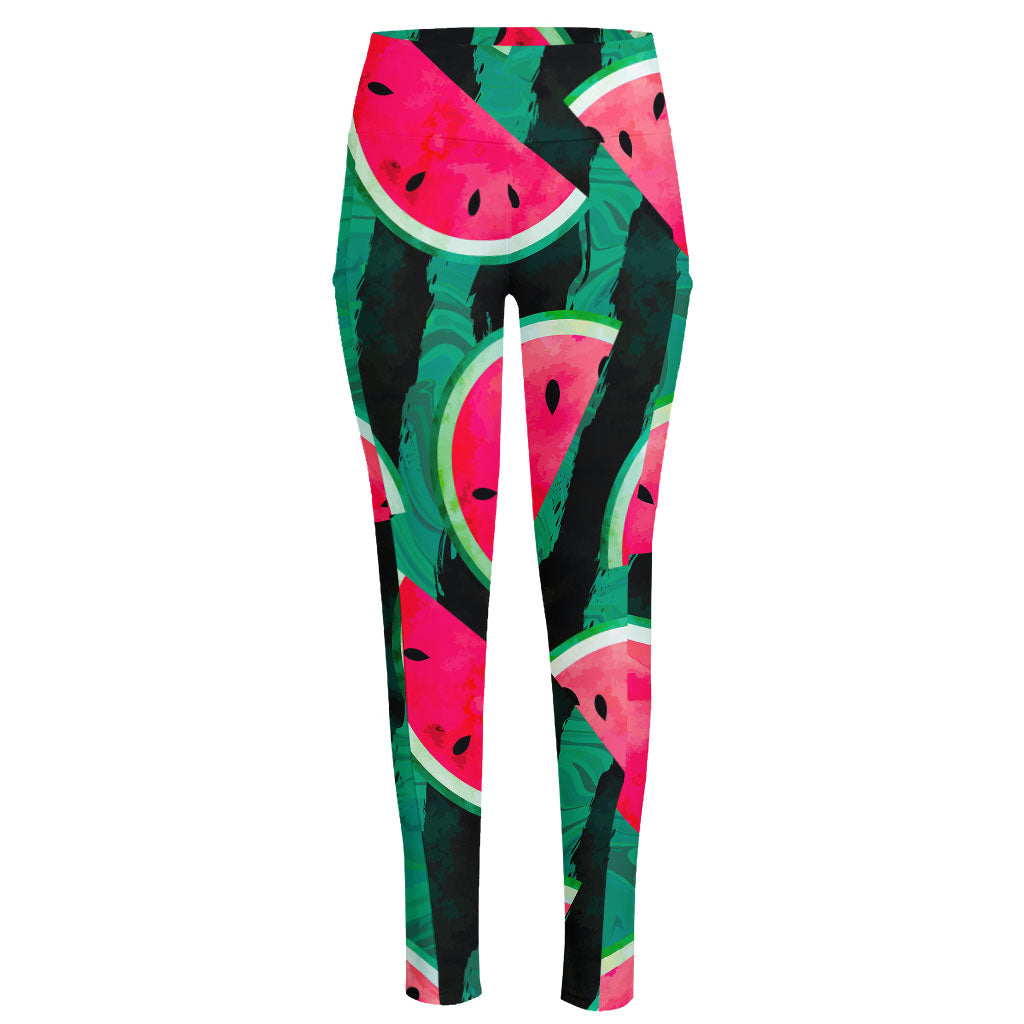 Green Striped Watermelon Pattern Print High-Waisted Pocket Leggings
