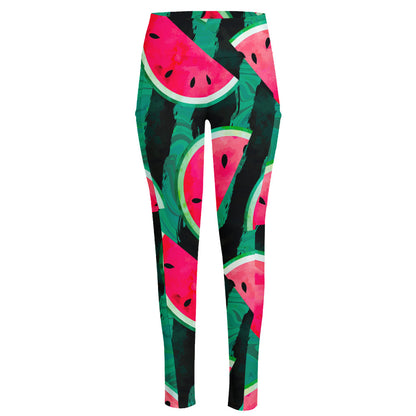 Green Striped Watermelon Pattern Print High-Waisted Pocket Leggings