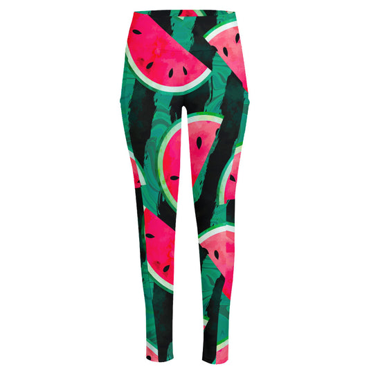 Green Striped Watermelon Pattern Print High-Waisted Pocket Leggings