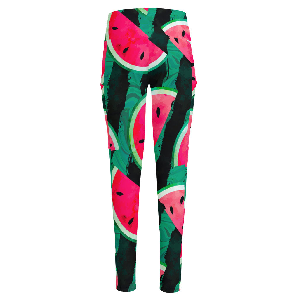 Green Striped Watermelon Pattern Print High-Waisted Pocket Leggings
