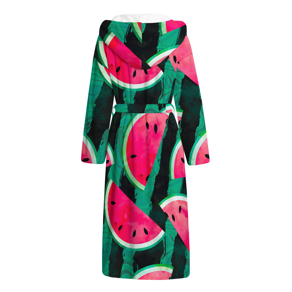 Green Striped Watermelon Pattern Print Hooded Bathrobe
