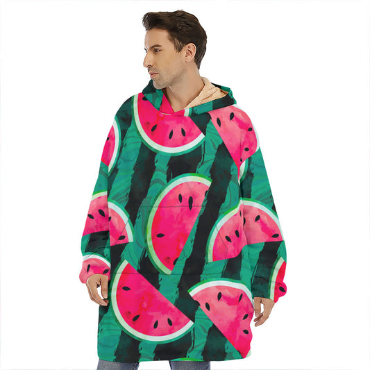 Green Striped Watermelon Pattern Print Hoodie Blanket