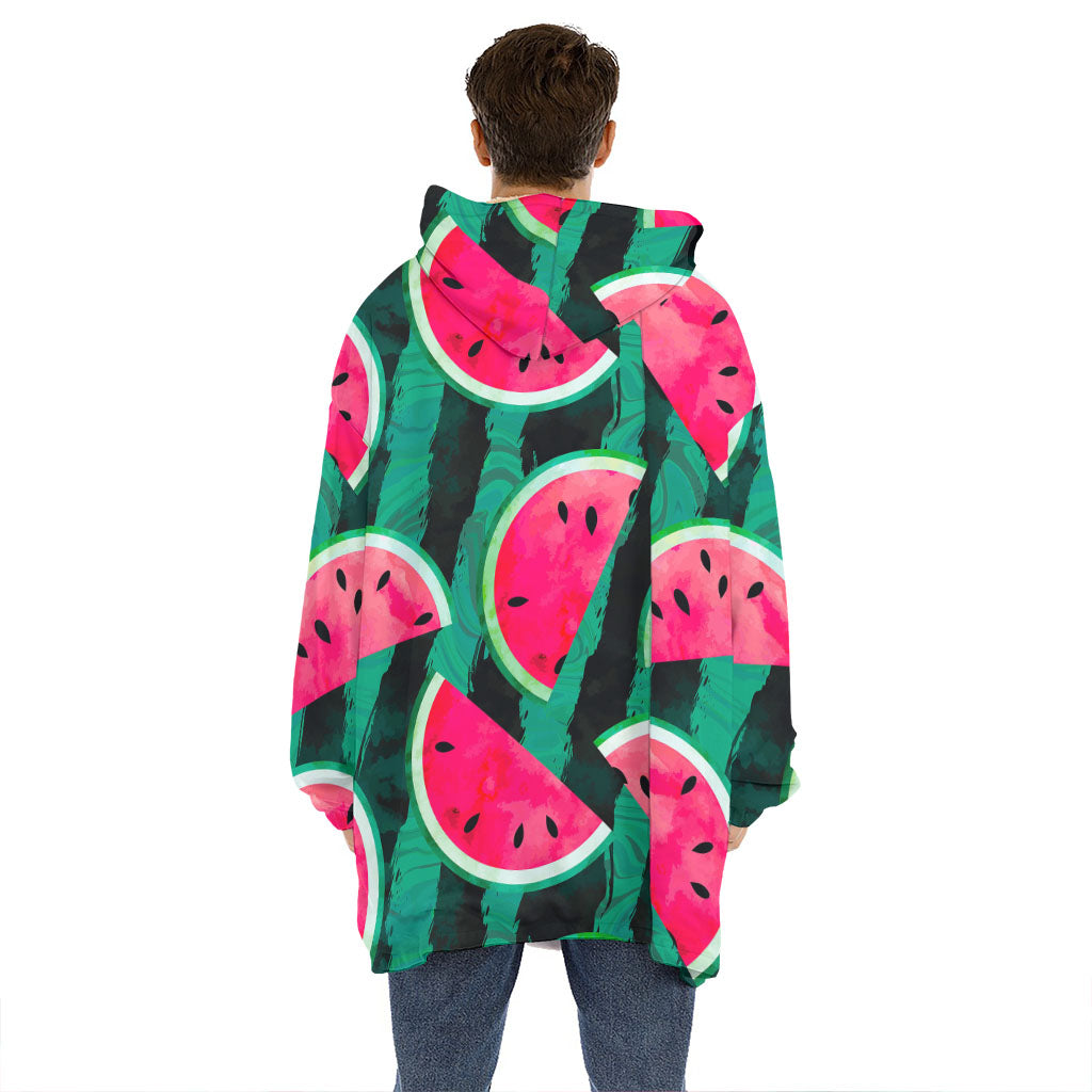 Green Striped Watermelon Pattern Print Hoodie Blanket