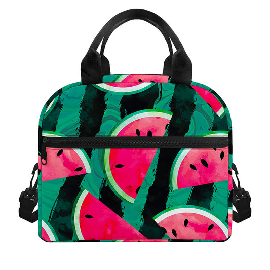 Green Striped Watermelon Pattern Print Insulated Lunch Bag