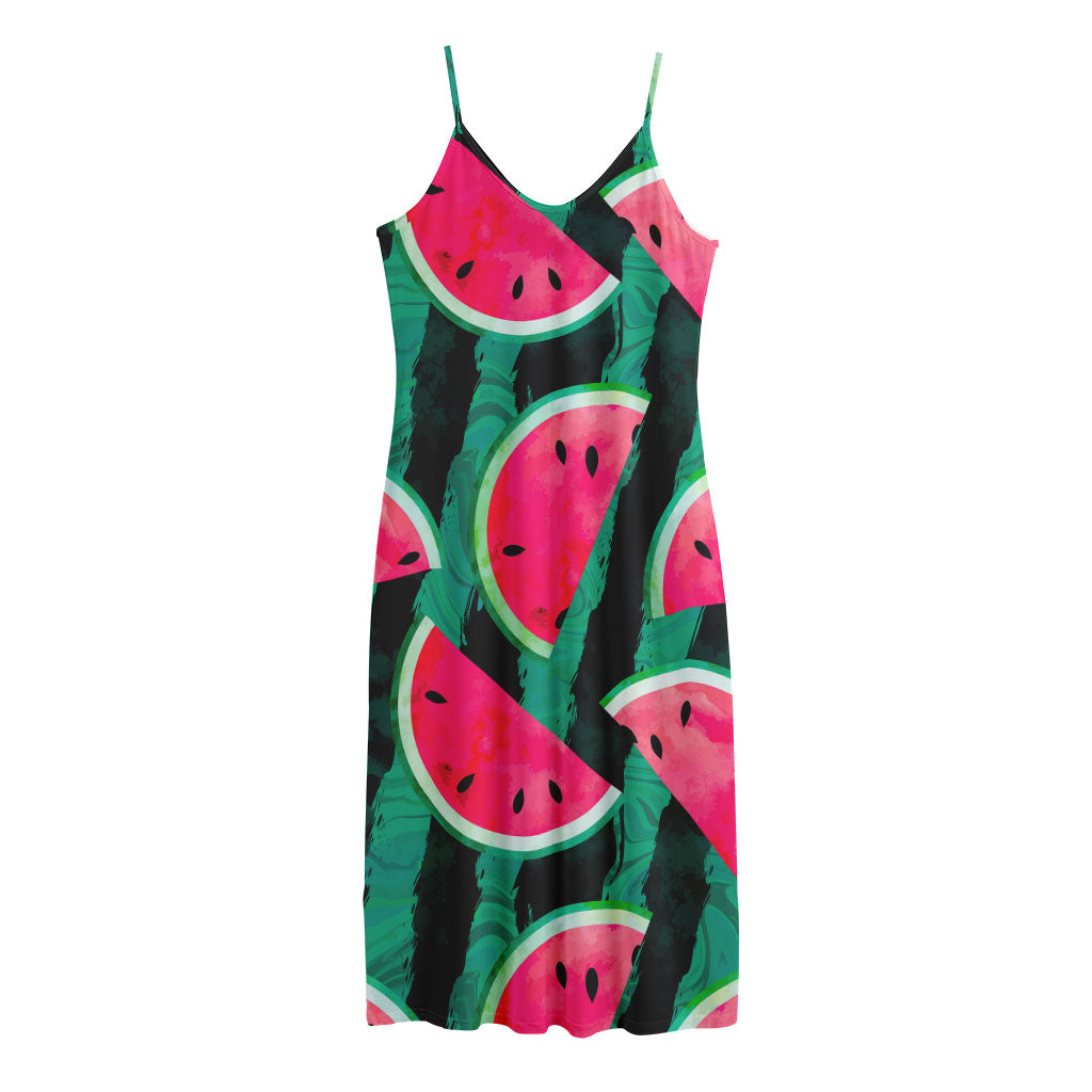 Green Striped Watermelon Pattern Print Jersey Midi Cami Dress