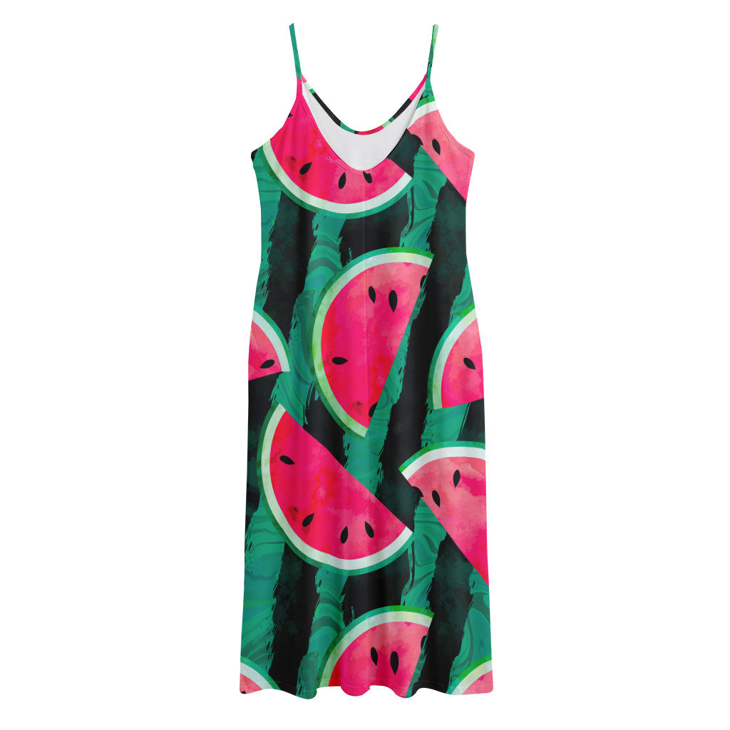 Green Striped Watermelon Pattern Print Jersey Midi Cami Dress