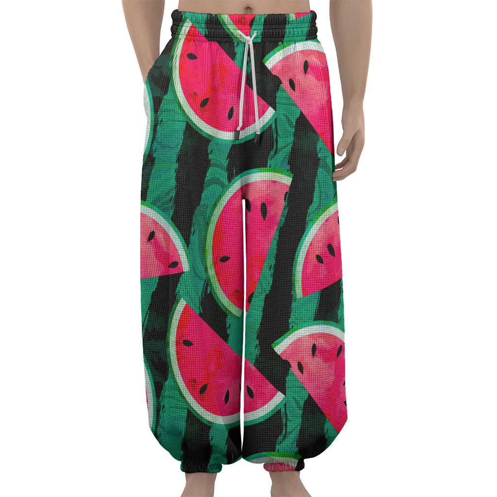 Green Striped Watermelon Pattern Print Lantern Pants