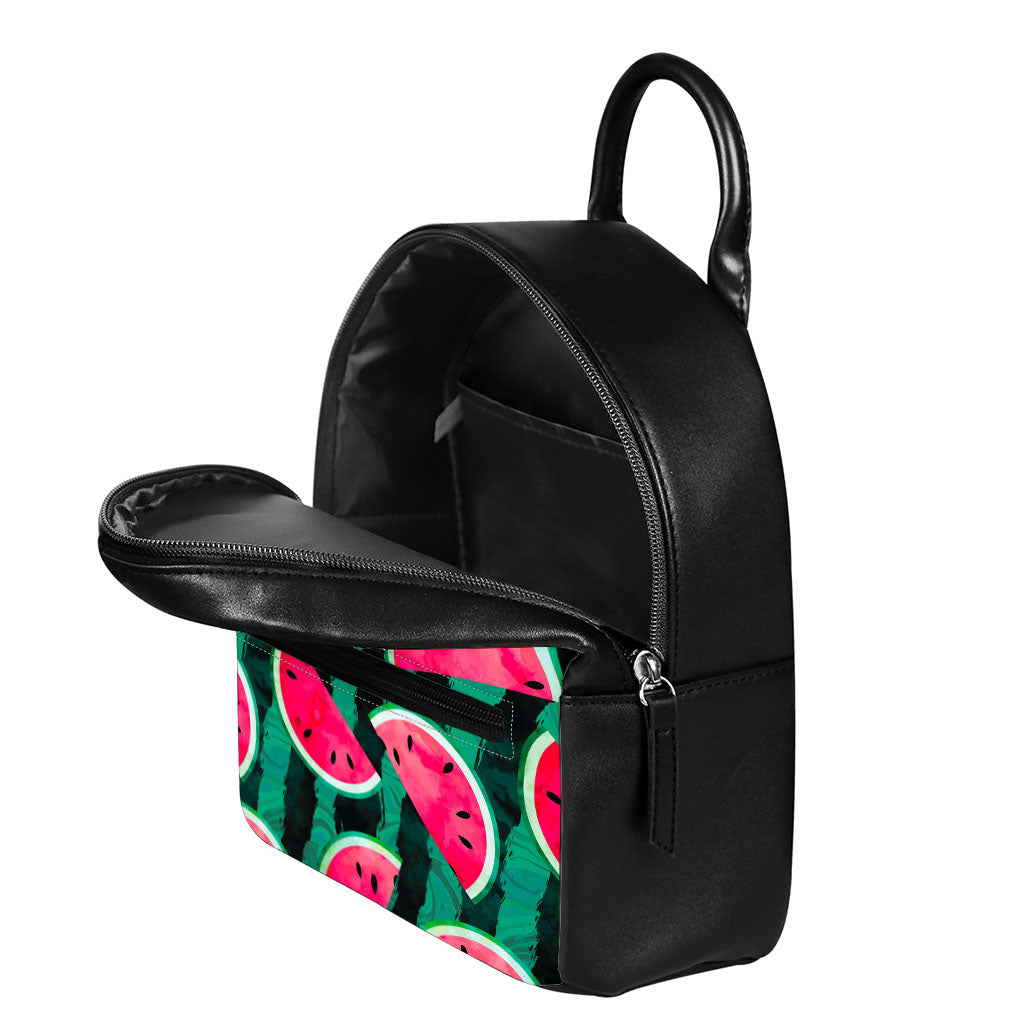 Green Striped Watermelon Pattern Print Leather Backpack