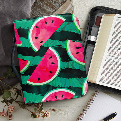 Green Striped Watermelon Pattern Print Leather Bible Cover