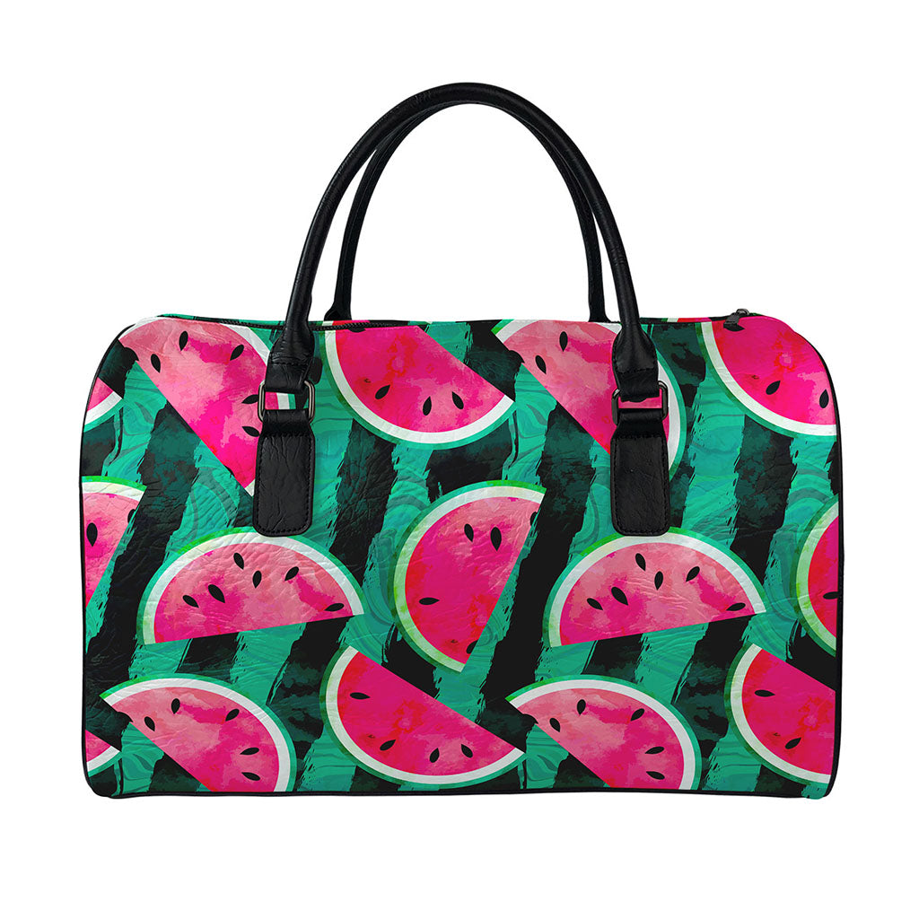 Green Striped Watermelon Pattern Print Leather Duffle Bag