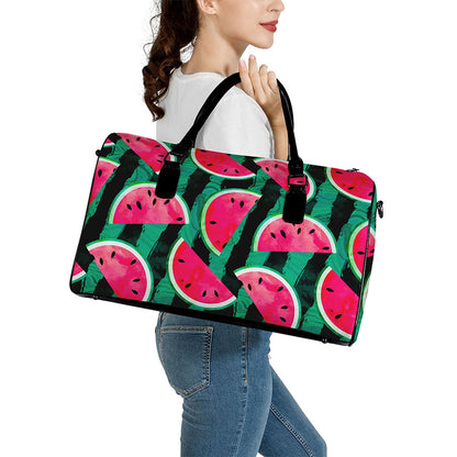 Green Striped Watermelon Pattern Print Leather Duffle Bag