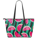 Green Striped Watermelon Pattern Print Leather Tote Bag