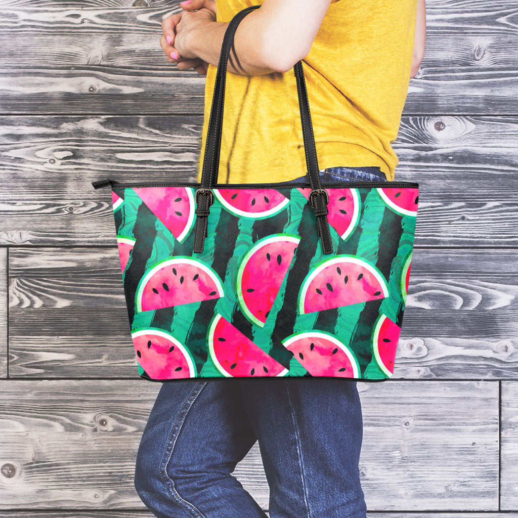 Green Striped Watermelon Pattern Print Leather Tote Bag