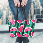 Green Striped Watermelon Pattern Print Leather Tote Bag