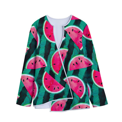 Green Striped Watermelon Pattern Print Long Sleeve Short Coat