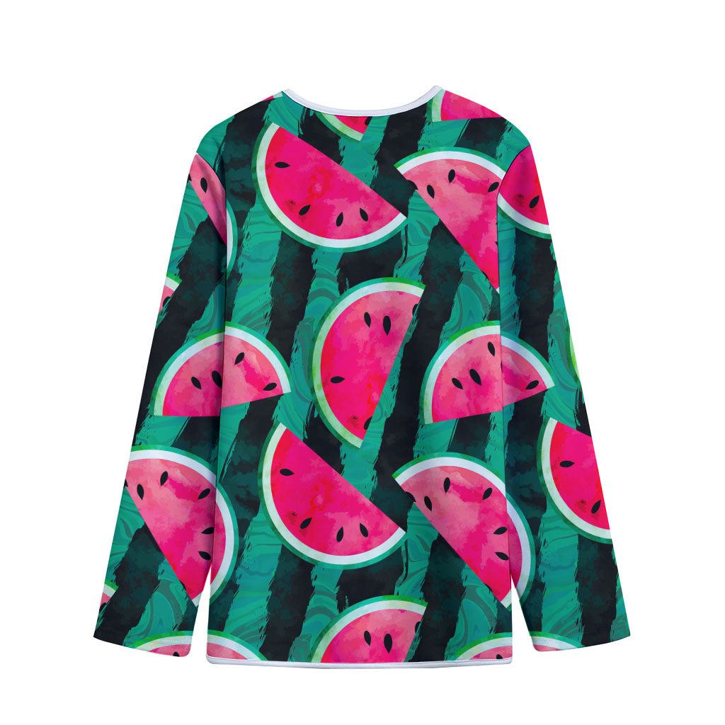 Green Striped Watermelon Pattern Print Long Sleeve Short Coat