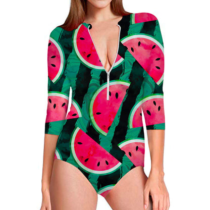 Green Striped Watermelon Pattern Print Long Sleeve Swimsuit