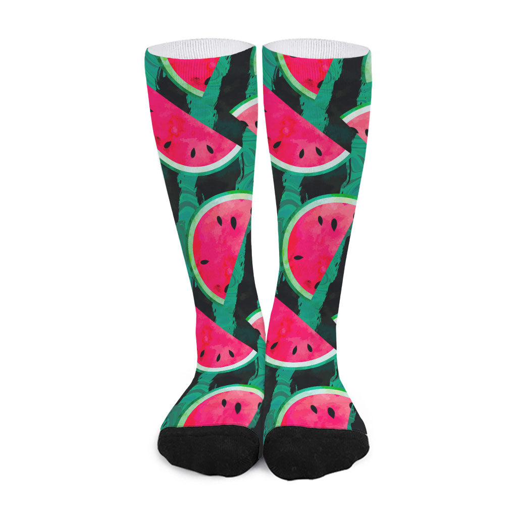 Green Striped Watermelon Pattern Print Long Socks