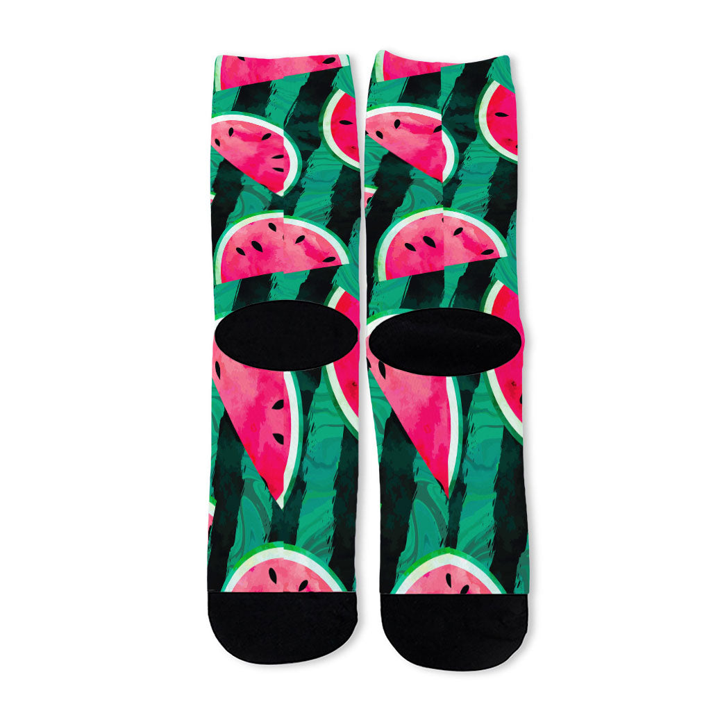 Green Striped Watermelon Pattern Print Long Socks