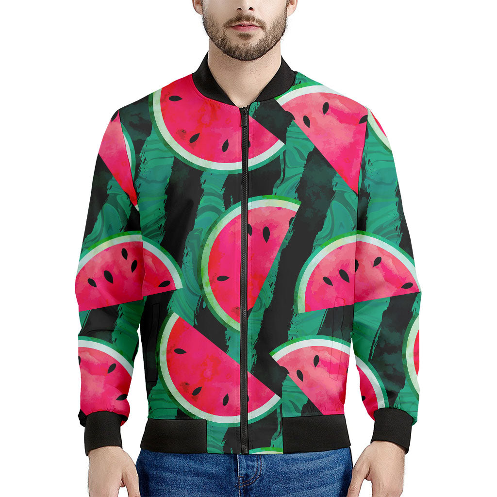 Green Striped Watermelon Pattern Print Men's Bomber Jacket