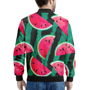 Green Striped Watermelon Pattern Print Men's Bomber Jacket