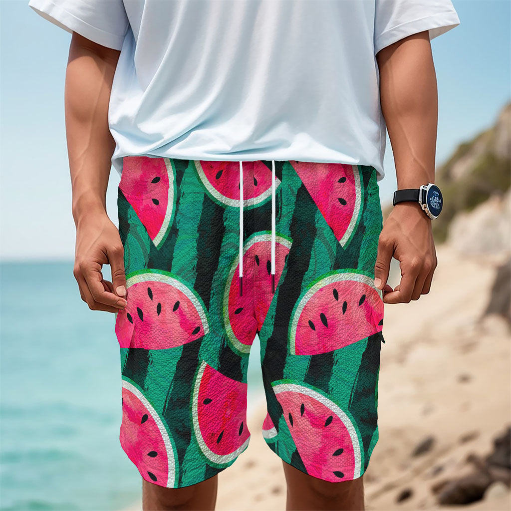 Green Striped Watermelon Pattern Print Men's Cargo Shorts