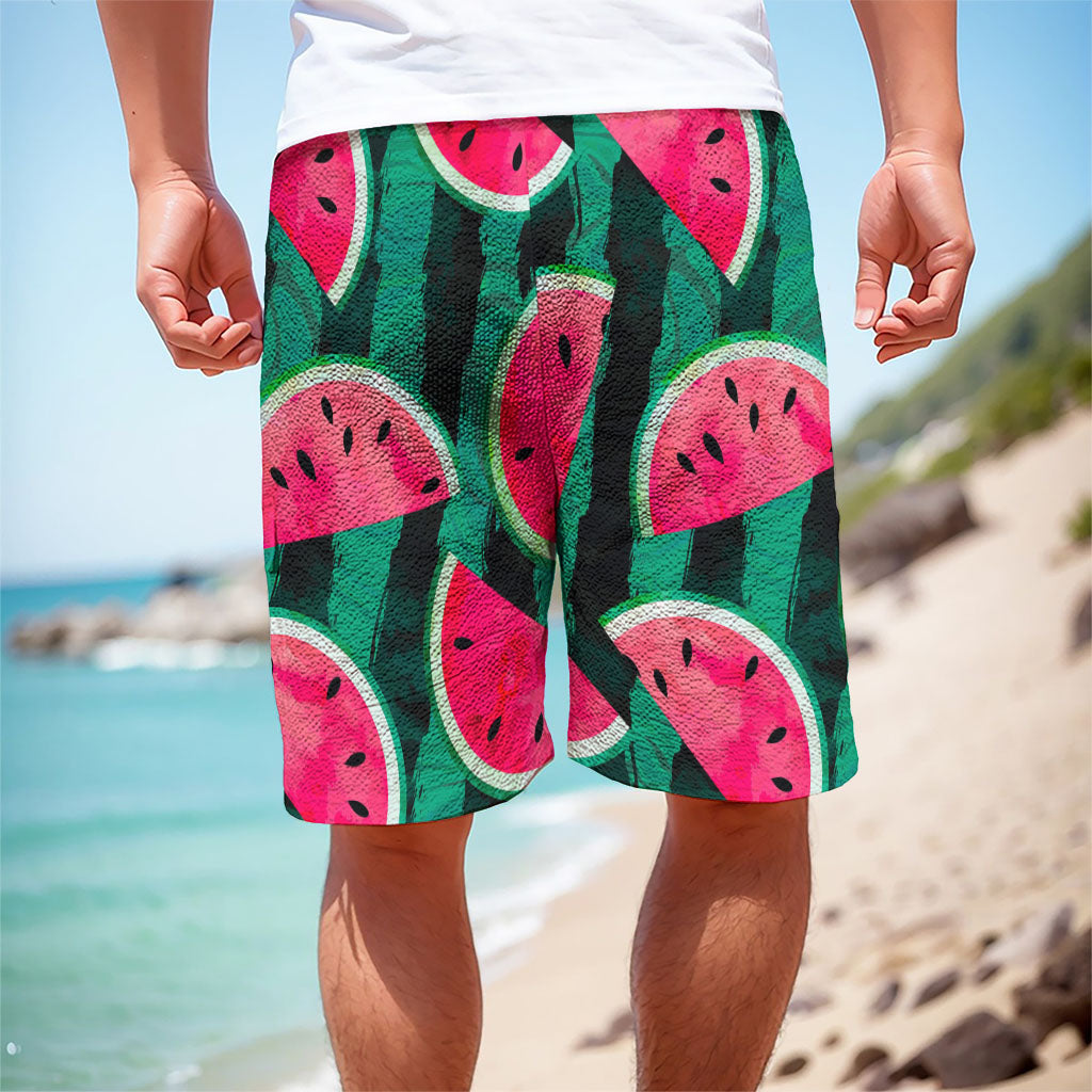 Green Striped Watermelon Pattern Print Men's Cargo Shorts